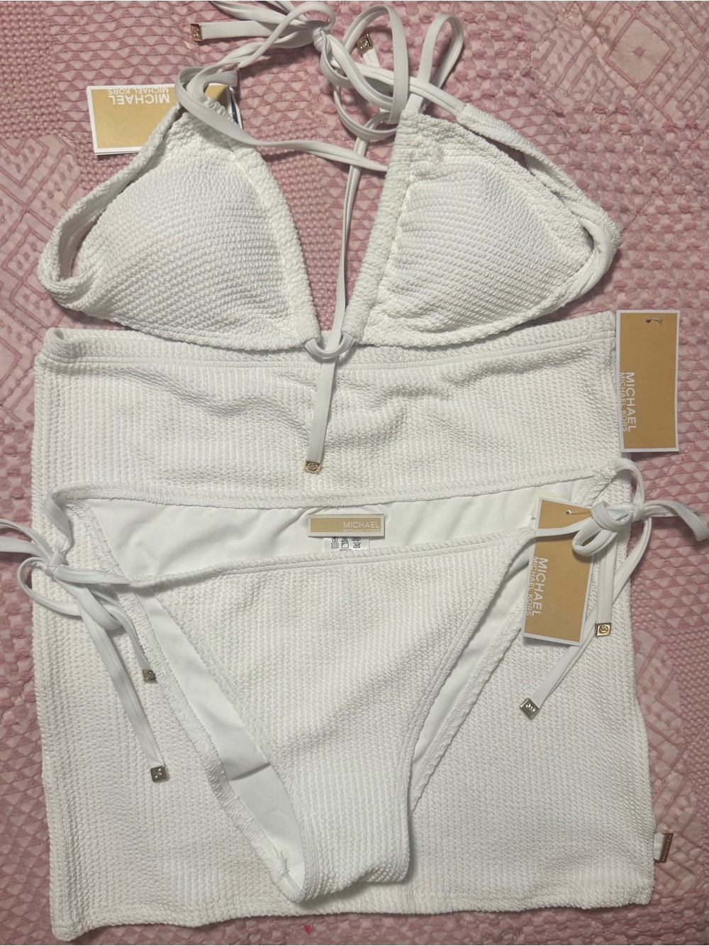 Women’s Michael Kors 3 Piece Bikini Set W/Skirt S- Med White W/Gold Accent - NWT